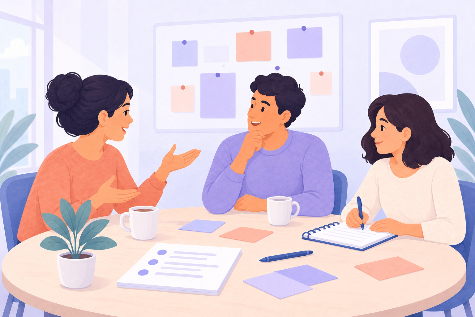 Three colleagues discussing a project around a meeting table with paper notes and an action checklist