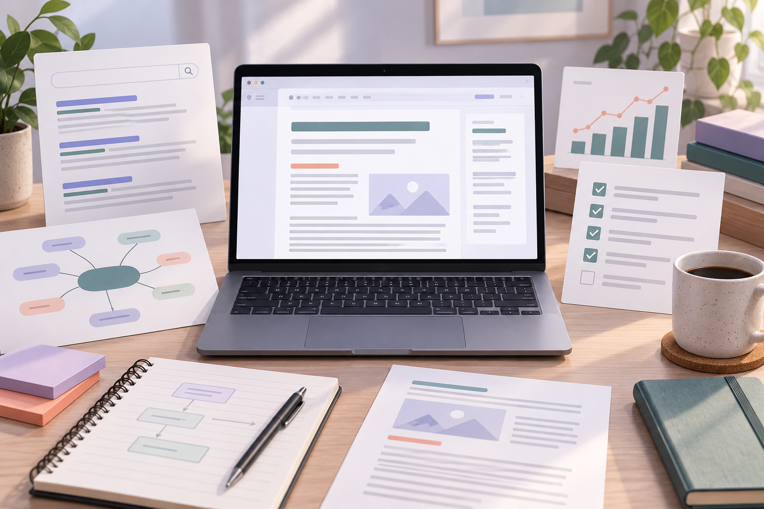 An AI SEO content workspace with search results, a draft, an optimization checklist, and analytics charts