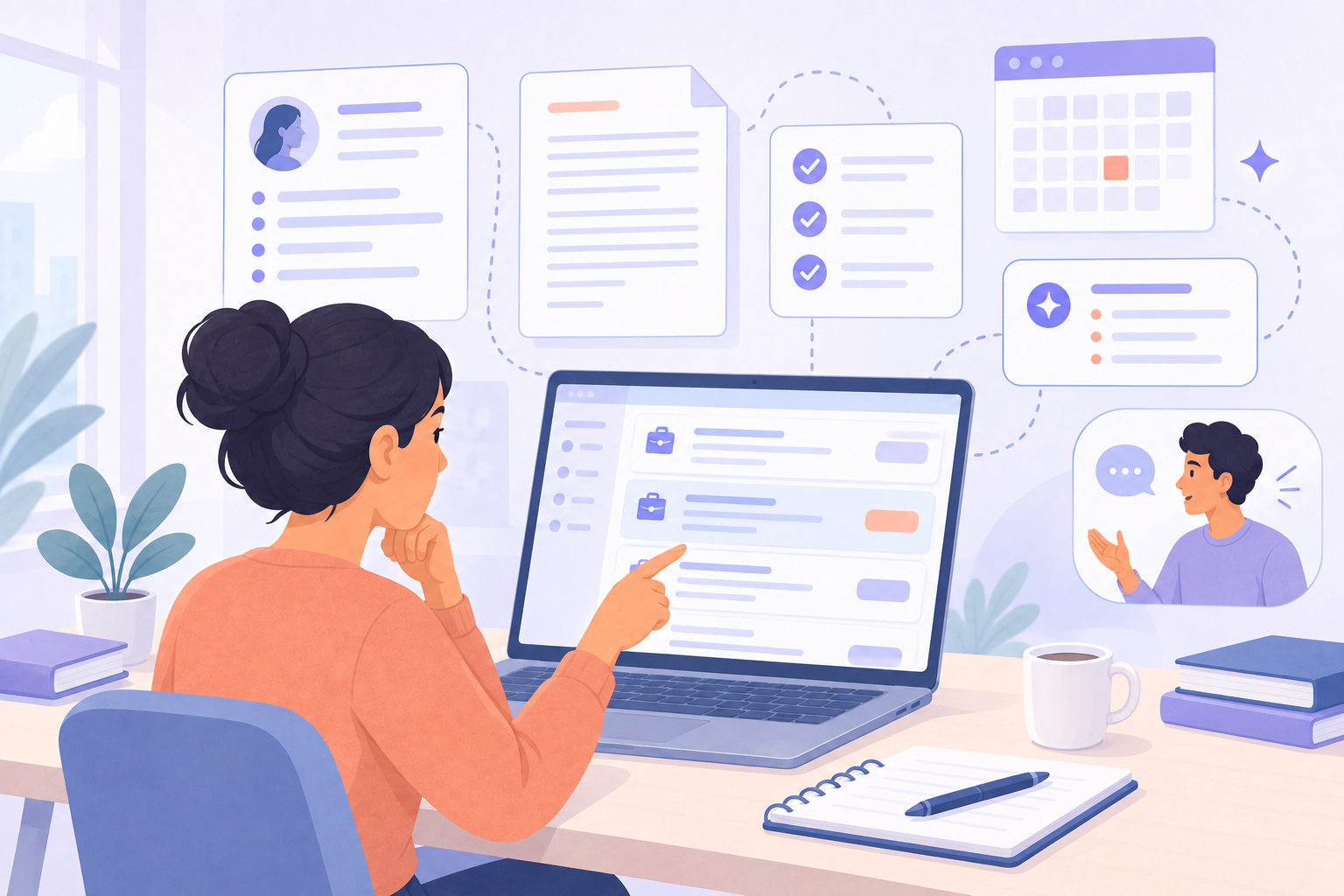 A job seeker using AI help to review a resume, compare a job description, and prepare for an interview