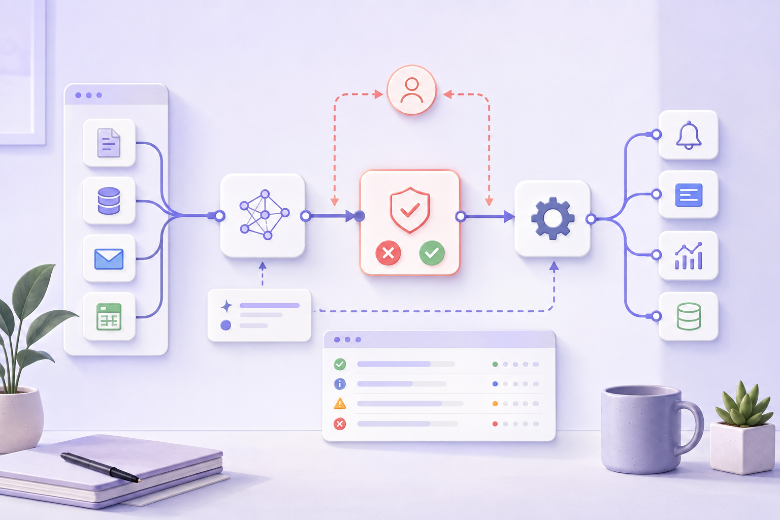 AI workflow automation map with connected app nodes, an approval checkpoint, and a debug log