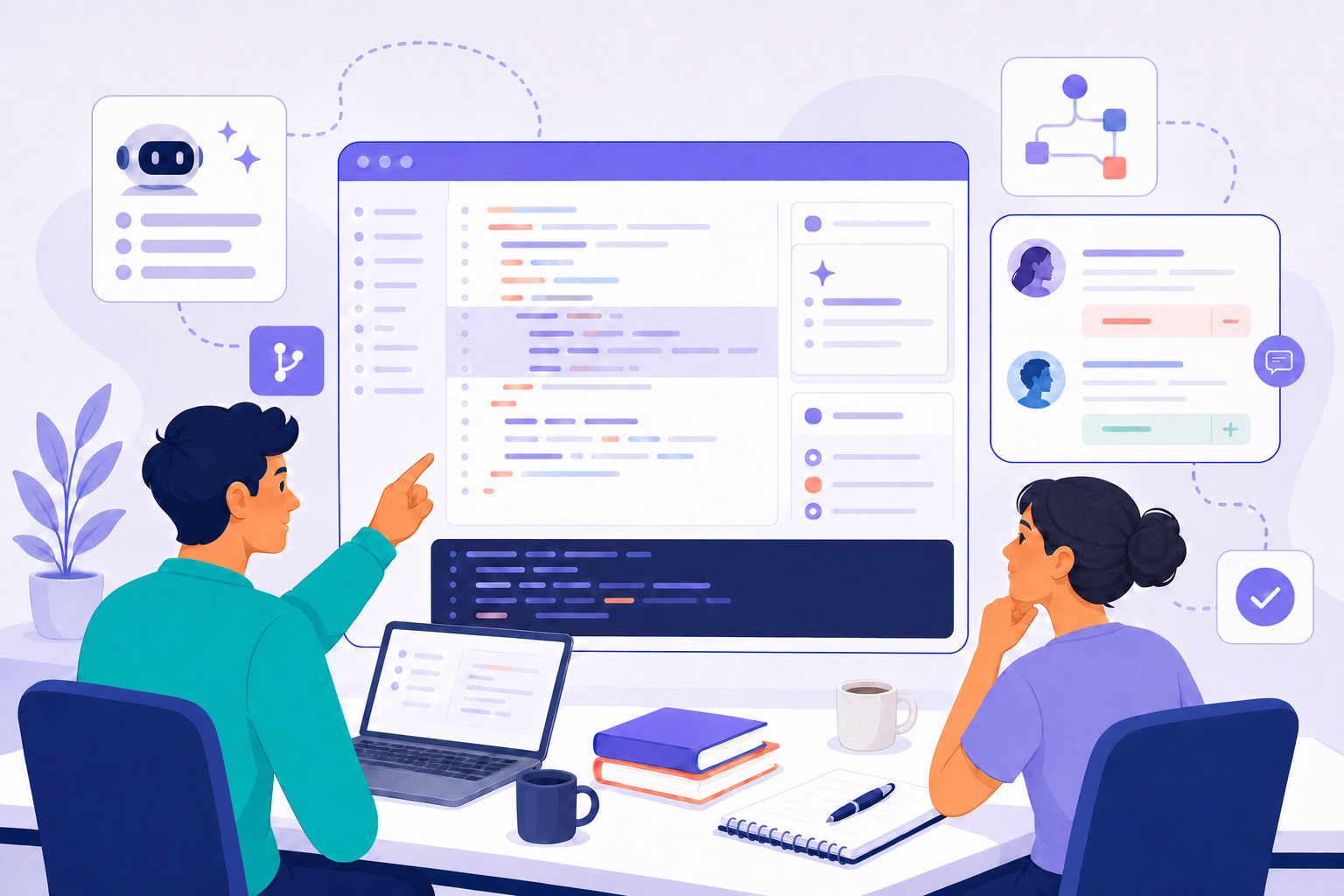 AI coding assistants helping developers review code, terminal output, and pull request notes