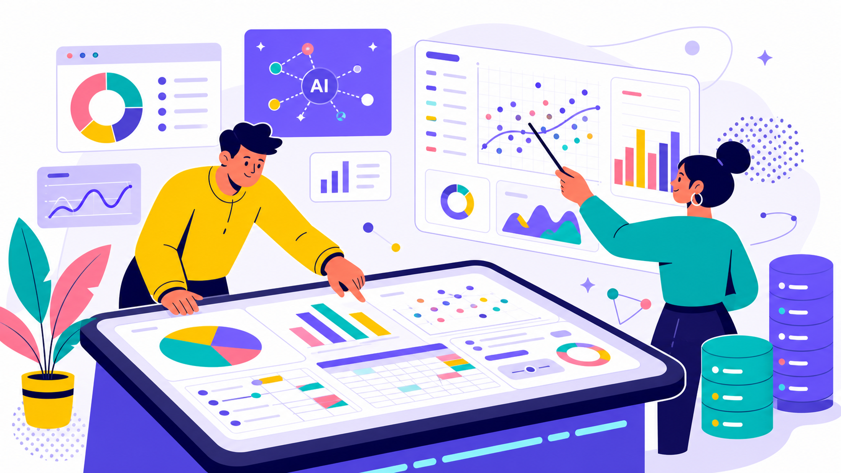 Data analysis workspace with charts, spreadsheet rows, and insight card