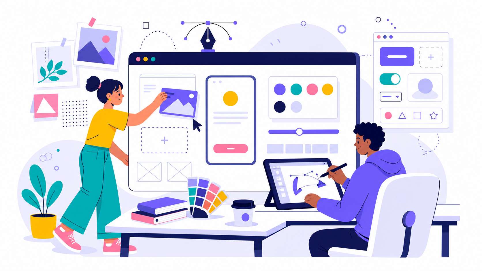 Designer workspace with canvas frames, pen tool, and UI component cards