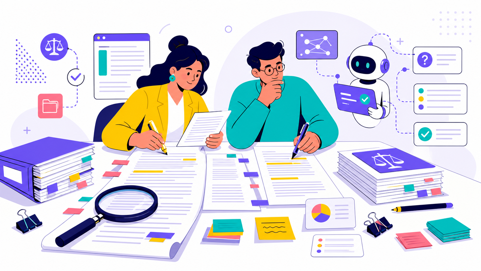 Long document review workspace with contract pages, highlights, and Q&A panel