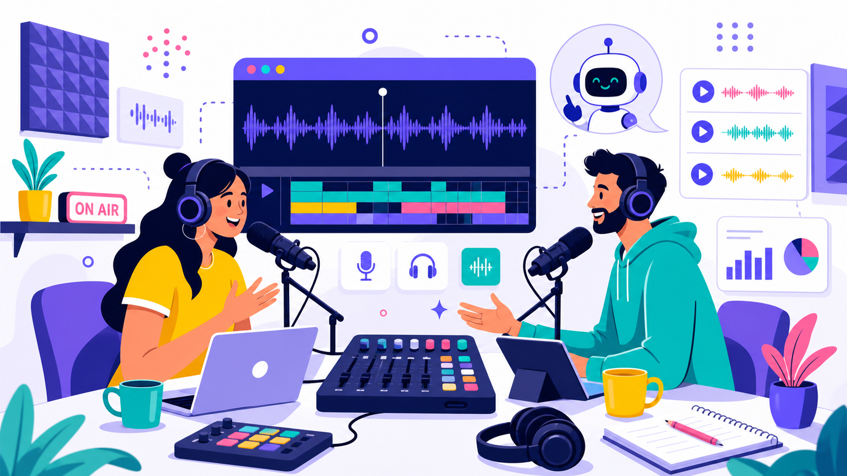 Podcast production workspace with microphone, waveform, and editing clips
