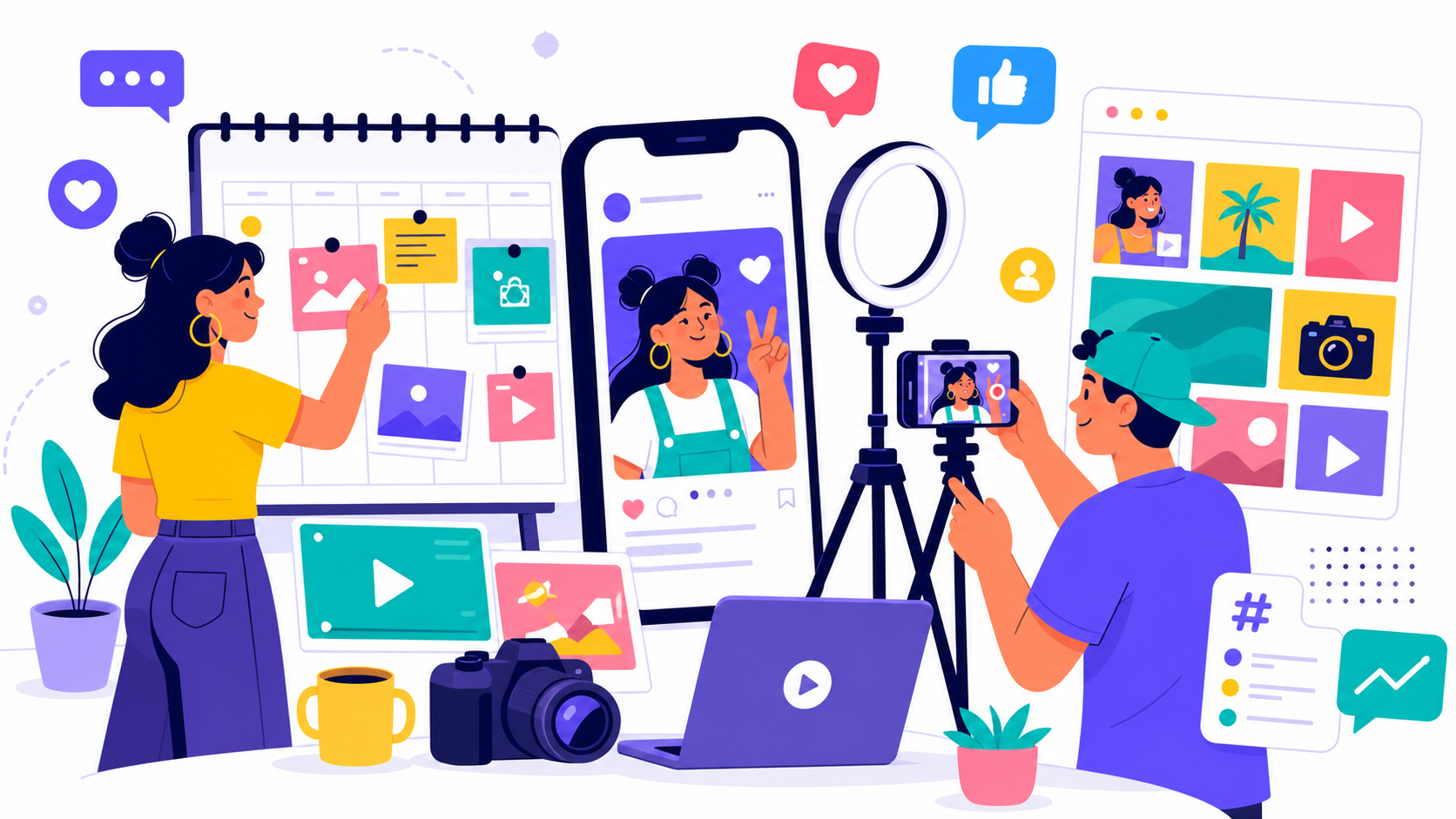 Social media content workspace with post cards, short video frame, and captions